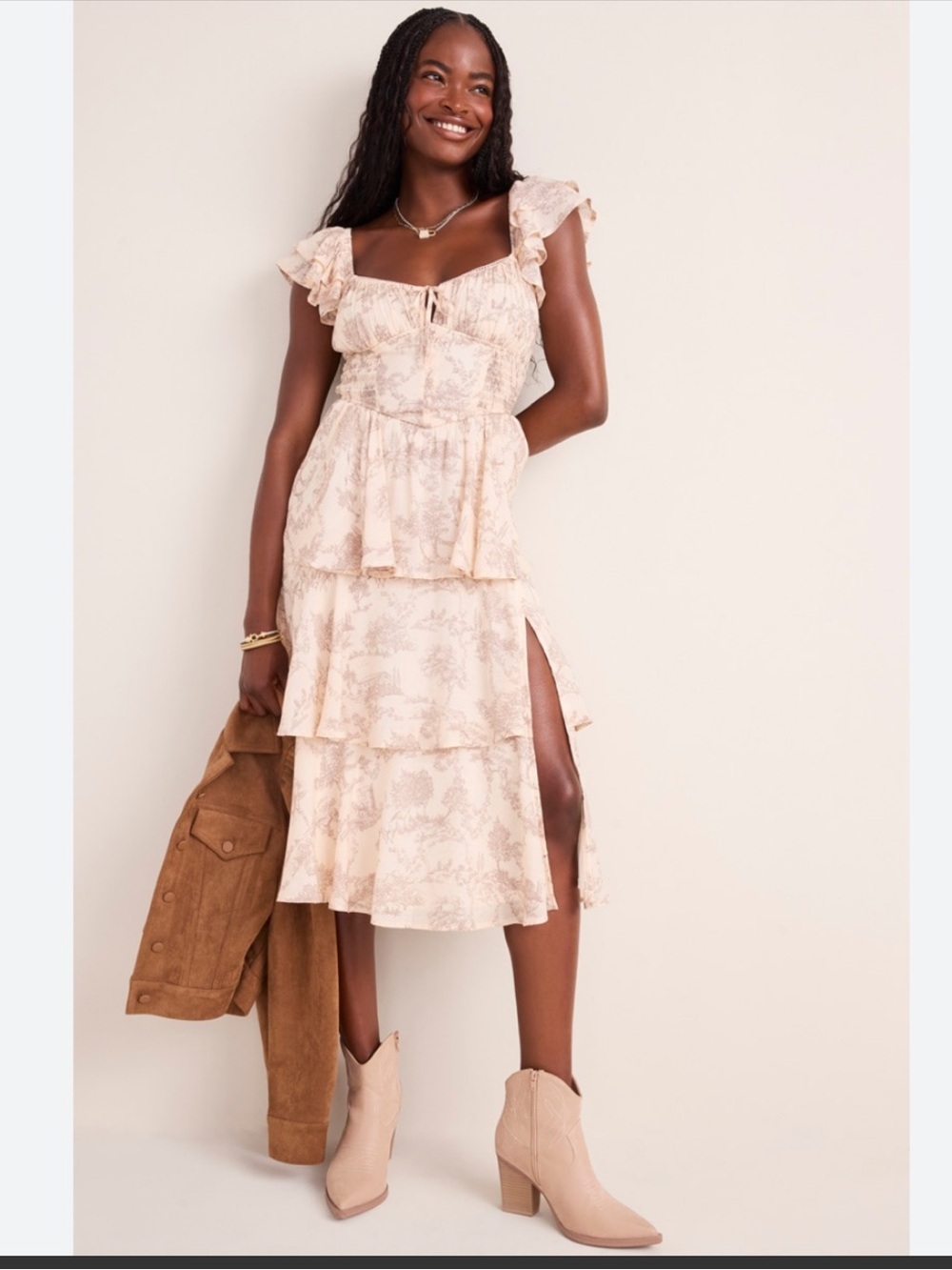 Francescas Corset Tiered Midi Dress Medium Ruffle Milkmaid Peasant